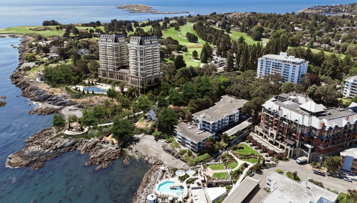 Developer rendering from the 2025 listing showing two towers of about twenty storeys on the site beside the Oak Bay Beach Hotel
