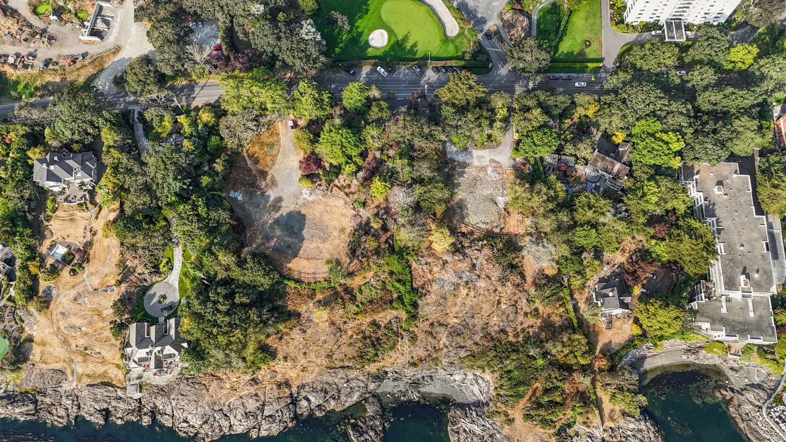 Vertical aerial photograph of the site with Beach Drive across the top and the rocky shoreline across the bottom